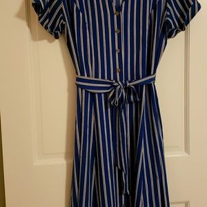 Short sleeved blue striped belted AGB dress